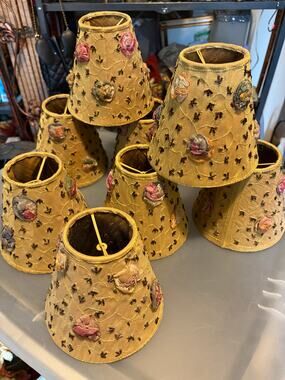 Set of 8 VTG Chandelier Lamp Shades Gold Floral Ribbon Roses Beaded Cottage Chic